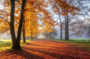Krakow, Poland, autumn park alley with fallen leaves