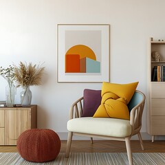  Stylish living room with a mid-century modern chair, colorful pillows, and a unique knot cushion, creating a cozy and contemporary space. Mock up poster. 