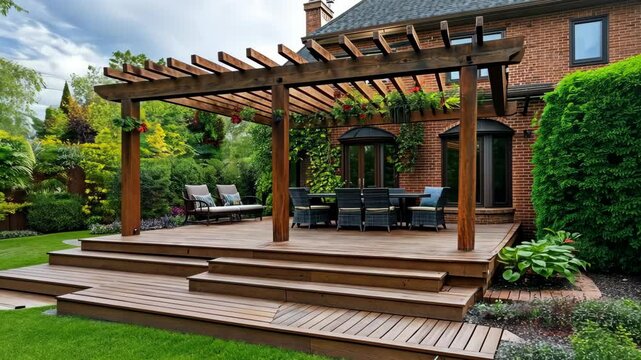 A wooden pergola covers a spacious deck with chairs and a table, perfect for relaxing in the backyard on a summer afternoon