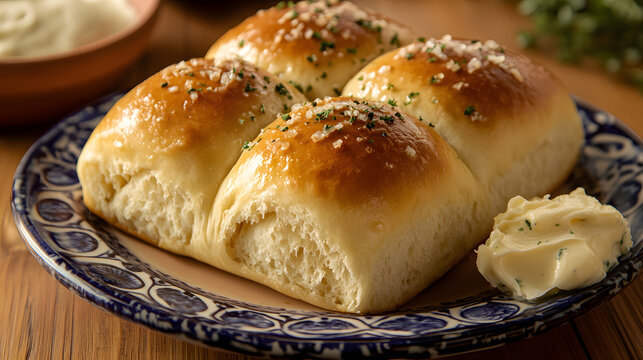 A plate of soft and fluffy dinner rolls topped with herbs and salt, with a small pat of butter on the side.