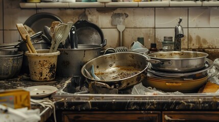 Dirty dishes and cutlery in the kitchen sink to be washed