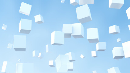 3d rendering of white cubes floating in the air in blue sky. Generative AI