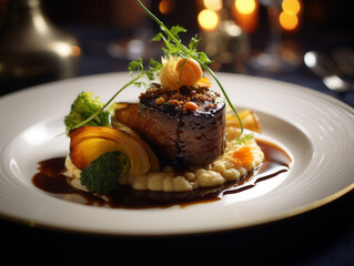 Gourmet steak with mashed potatoes, vegetables, and rich sauce