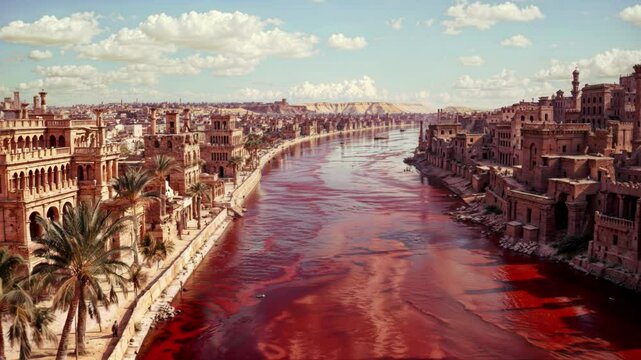 Plagues of Egypt - Ancient Egyptian city with water in Nile river turned into blood. Ornate buildings line riverbanks. Palm trees, cloudy sky. Biblical first plague concept. Dramatic red water.