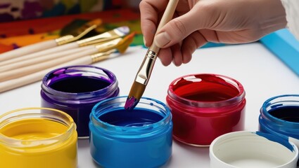 Hand with a paintbrush over a jar of blue paint.