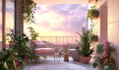 A cozy balcony with a pink armchair and potted plants, overlooking a cityscape at sunset.