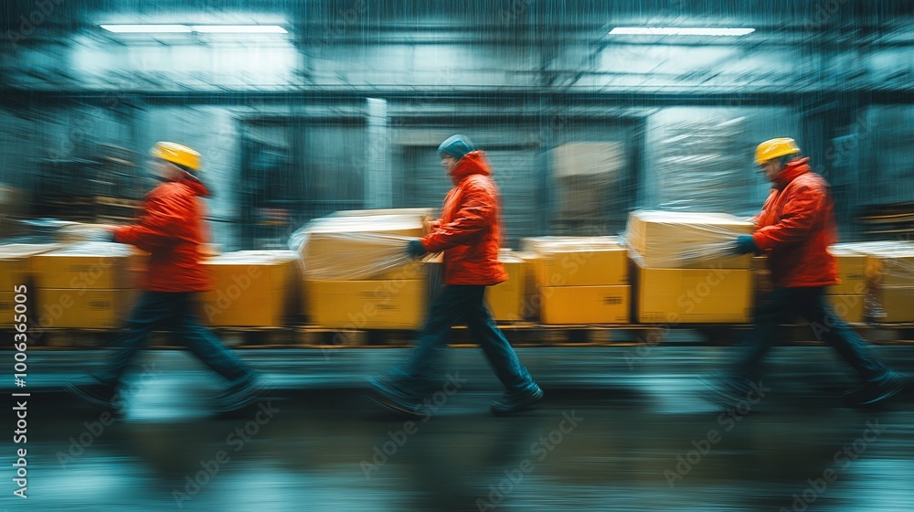 Poster warehouse workforce in motion, handling cargo boxes with speed and skill, ensuring efficient operati