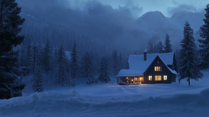 Naklejka premium A cozy cabin with warm lights glows in the snowy landscape of a mountain forest at dusk.