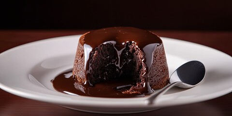 A decadent chocolate lava cake, warm, gooey and topped with a rich chocolate ganache, on a white plate with a silver spoon.