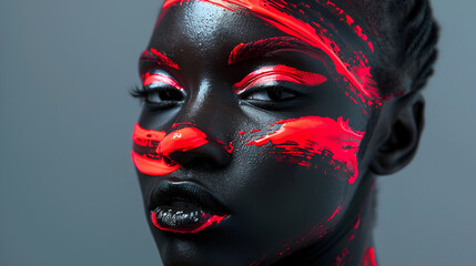 portrait of a black woman with a red painting on her face