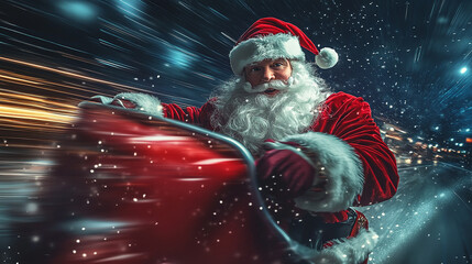 Speed driving santa claus going to deliver christmas present in rush