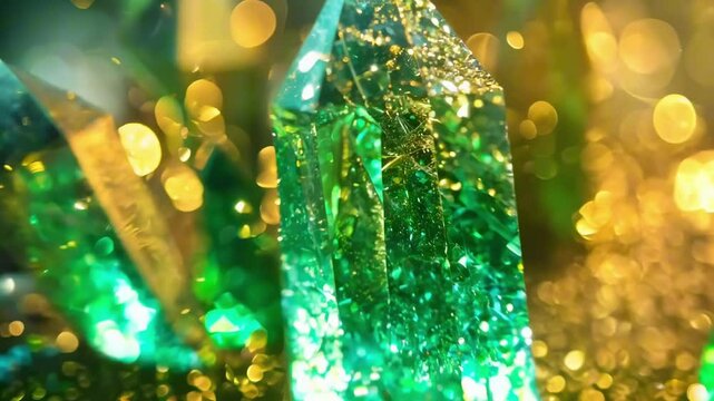 Green Emerald Crystals Cluster Illuminated In Dramatic Light. Healing Gemstones, Reiki Energy Therapy, New Age