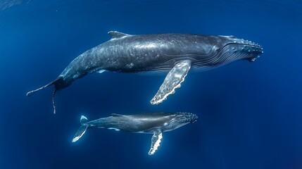 Obraz premium A humpback whale mother and her calf swim together in the deep blue ocean.