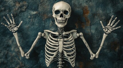 Classic skeleton in a spooky Halloween pose, isolated on a dark background for eerie effect