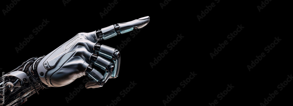 Poster extreme close-up of a humanoid robot hand pointing index finger on a black background with copy spac