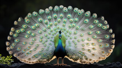 A vibrant peacock displaying its colorful plumage in nature.