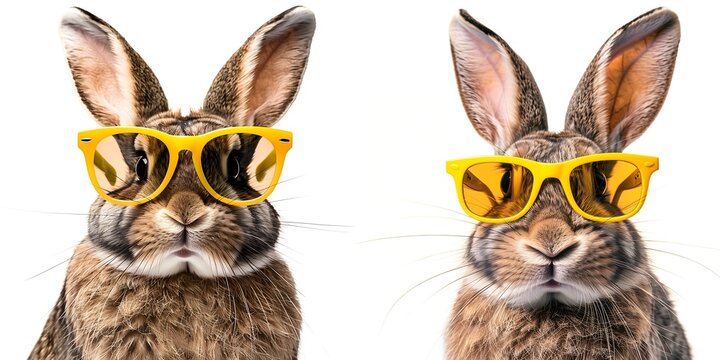 Cool Bunny Wearing Yellow Sunglasses, Cinematic photo of smile easter rabbit with yellow sunglasses