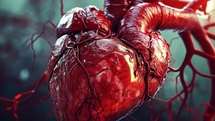 A close-up image of a human heart with arteries and veins