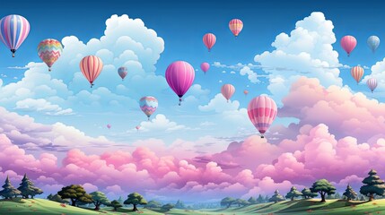 Pastel Sky Filled With Colorful Hot Air Balloons Soaring Above a Rolling Landscape of Lush Green Hills and Trees