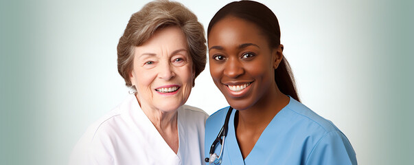 Obraz premium Smiling healthcare worker poses with elderly patient 