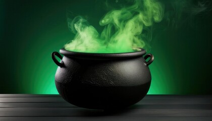 Spooky Black Cauldron Bubbling with Eerie Green Smoke on Dark Wooden Surface. Mysterious Halloween Witch’s Potion in Enchanted Forest Setting with Ominous Atmosphere