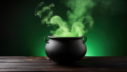Spooky Black Cauldron Bubbling with Eerie Green Smoke on Dark Wooden Surface. Mysterious Halloween Witch’s Potion in Enchanted Forest Setting with Ominous Atmosphere