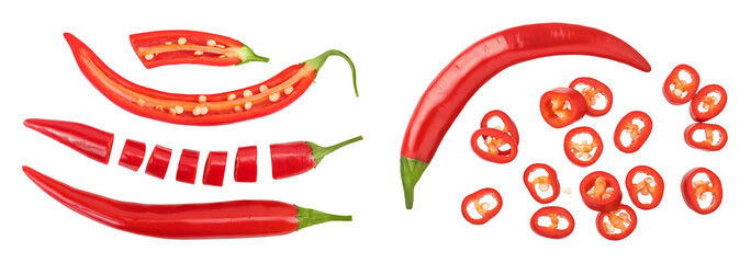 red hot chili pepper with slices isolated on white background. Top view. Flat lay.