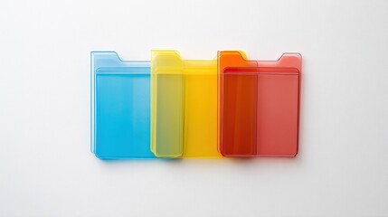 A minimalist arrangement of three clear folders with colorful labels, isolated against a bright white backdrop, promoting simplicity