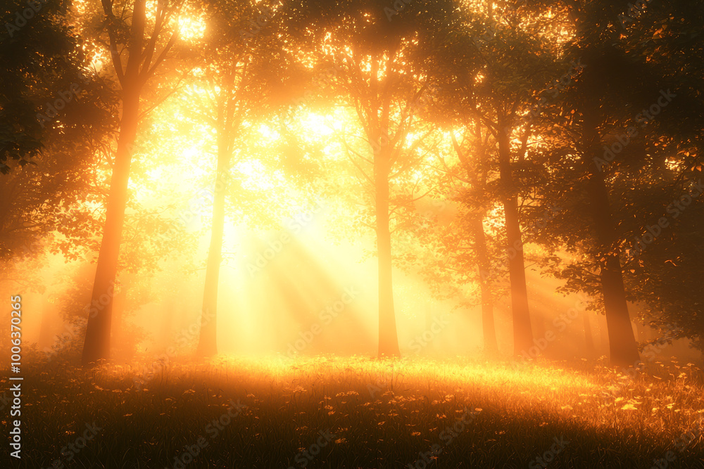 Poster a serene forest scene bathed in golden sunlight, creating a magical atmosphere with soft light filte