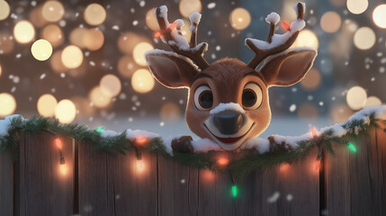Happy Reindeer with Snow-Covered Antlers and Holiday Lights on Wooden Fence