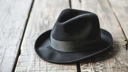 A distinguished black trilby hat for men, set on a light wooden plank.