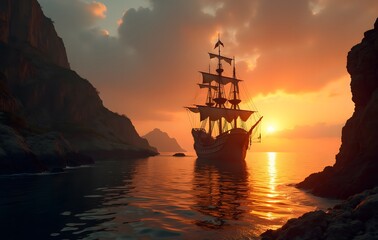  Majestic sailing ship silhouette against dramatic golden sunset seascape