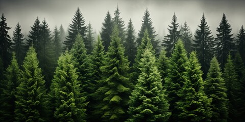 Obraz premium A misty morning in the evergreen forest, a canopy of emerald green against a muted sky, a symphony of nature's quiet beauty.