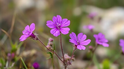 Obraz premium Close-up of a vibrant purple false saw wort wildflower blooming in a lush Israeli meadow, with a shallow depth of field.