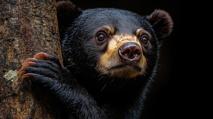 Close-up of a bear peering around a tree trunk.