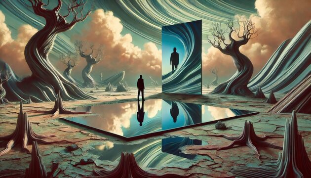 narcissism concept: a figure standing in front of a large reflective surface, gazing intently at their own reflection.. The environment around is surreal, with abstract elements. 