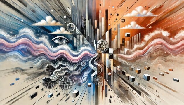An abstract representation of the concept of gender dysphoria. The image features contrasting elements to depict the internal conflict between identity and outward appearance. 