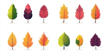 A collection of leaves in an autumn design, isolated in a flat design