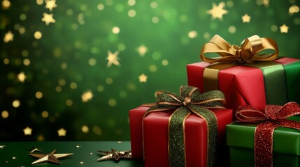 A festive scene featuring colorful wrapped gifts against a green backdrop adorned with glowing stars, perfect for the holiday season.