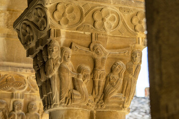 crucifixion of Jesus Christ, Romanesque capital in the cloister, San Pedro el Viejo Monastery,...