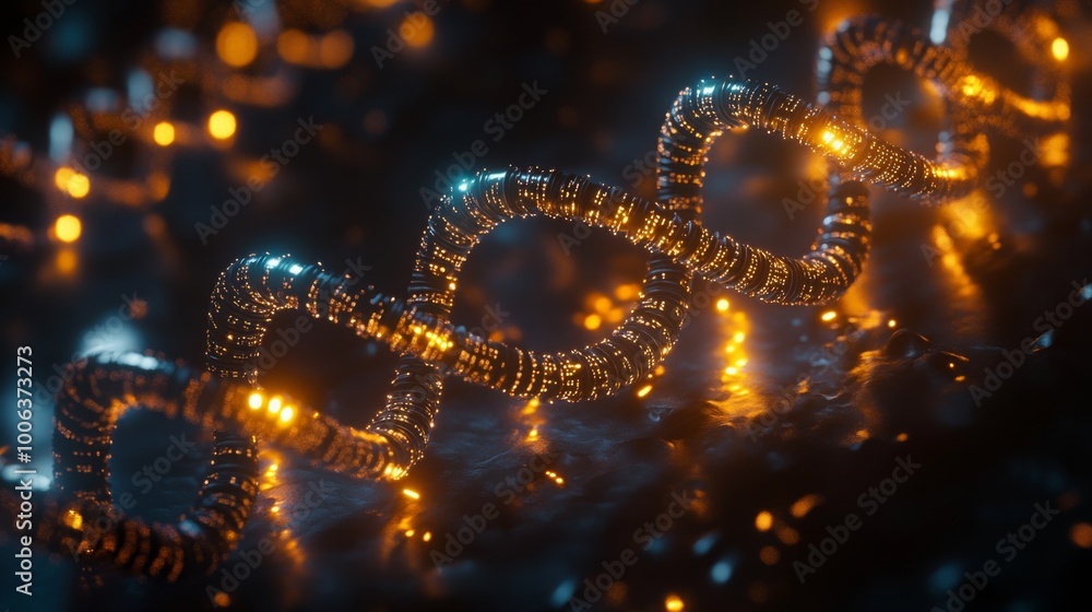 Fototapete Abstract close-up of an illuminated, twisting chain structure, featuring glowing elements in warm tones against a dark background.