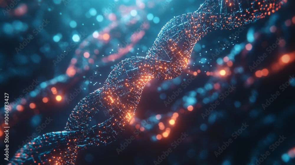 Poster a vibrant, abstract representation of a dna helix, showcasing glowing lines and particles against a 