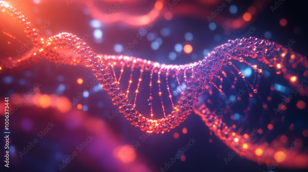 Poster a vibrant, abstract depiction of dna strands illuminated with glowing particles, conveying a sense o