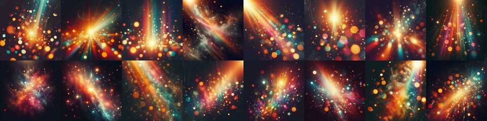 Obraz premium Blurred colorful warm rainbow light flares on a black background with a dust texture. AI generated illustration