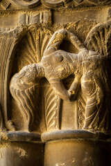 dancer with loose hair, Romanesque capital in the cloister, San Pedro el Viejo Monastery, Huesca,...