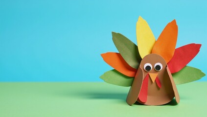 Create a kid-friendly papercraft turkey DIY project on a blue background suitable for Thanksgiving Day arts and crafts activities