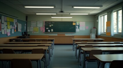 The classroom exudes a peaceful atmosphere, with colorful posters adorning the walls and simple wooden desks arranged in neat rows, illuminated by soft natural light filtering through the windows
