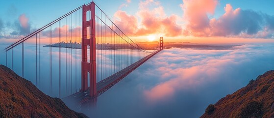 Obraz premium Golden Gate Bridge emerging from fog at sunrise over the bay.