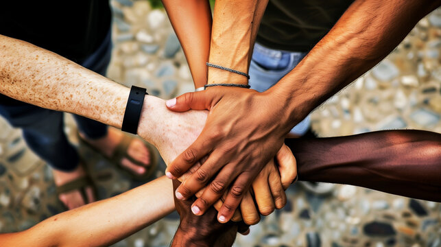 Diverse group of people standing together, hands linked, symbolizing unity across racial lines. Connected hands represent solidarity and harmony among different ethnicities.
