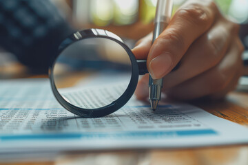 Stock market compliance audit close-up focus on bright tones thorough inspection.